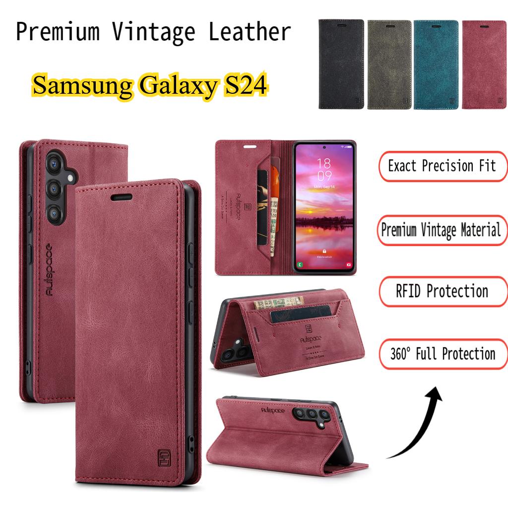 Premium Vintage Leather Wallet Case for Samsung Galaxy S24 - Flip Cover with Card Slots, Shockproof Retro Style (4 Colors)