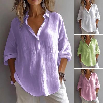 Women Shirt Lapel V-neck 3/4 Sleeve Pullover Tops Solid Color Loose Fit Lightweight Breathable Casual Blouse Daily Wear