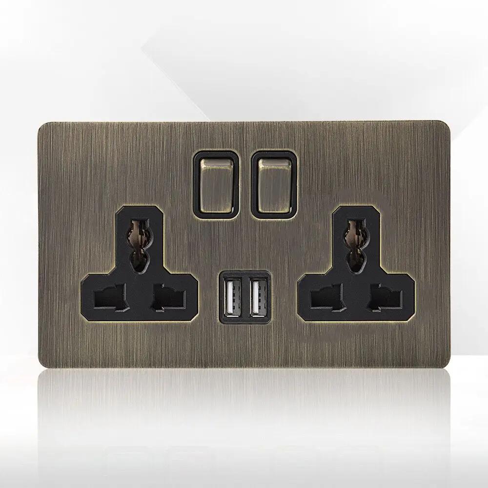 Retro Eu Metal Panel Wall Toggle Light Switch Socket,Bronzed Antique Stainless Steel German 16A Socket with USB Phone Charging