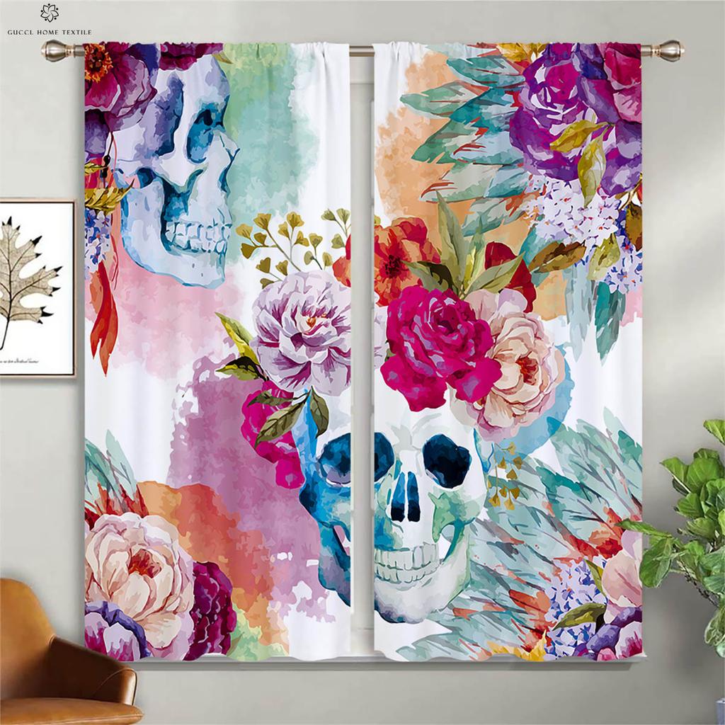 Skull Stealing Floral Creative Print Curtains, Suitable for Living Room, Dining Room, Study Room, Halloween Decoration