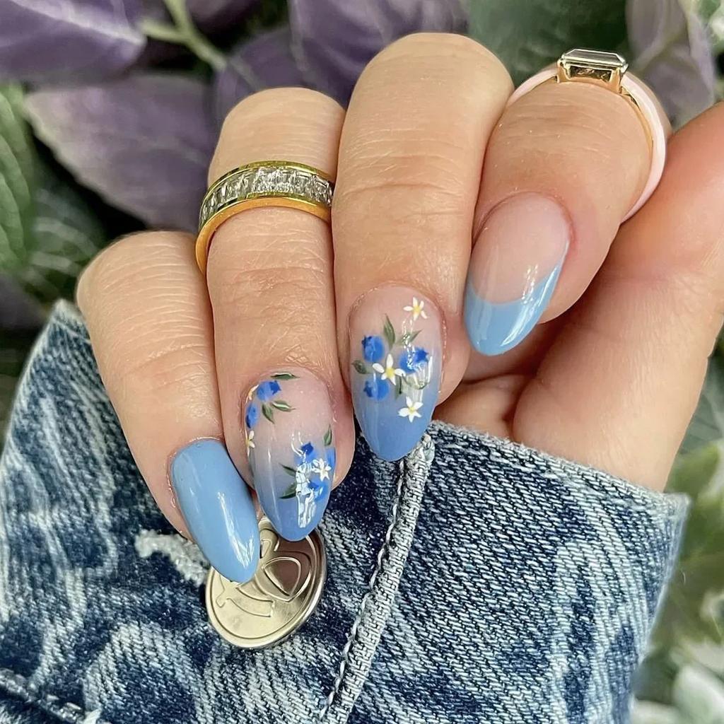 24Pcs Autumn Winter Matte Almond False Nails with Glue Rose Leaf Printing Nail Art Simple Full Cover Press On Acrylic Nails Tips