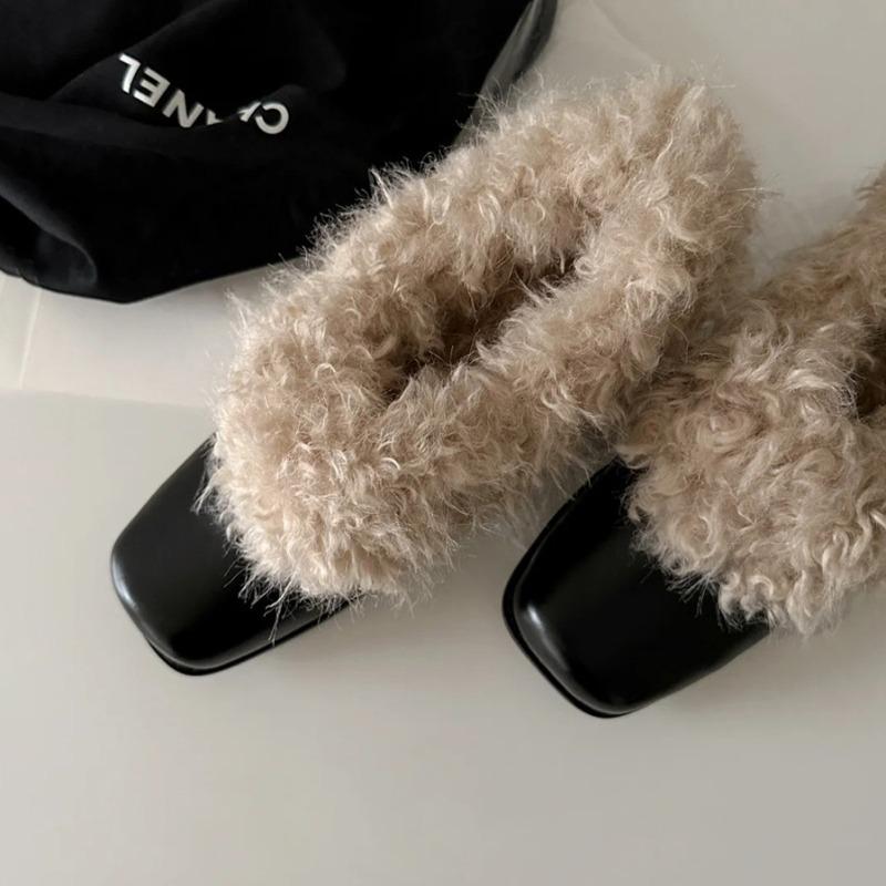 Cowhide version high-heeled fluffy shoes women's velvet warm square head single shoes one pedal thick heel small leather shoes cotton shoes