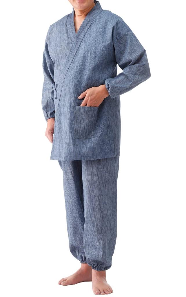 Little Island Men's Refreshing Samue (Blue/Sizes 4L-5L) - Takashima Chijimi Fabric, Made in Japan, 100% Cotton, Top and Bottom Set