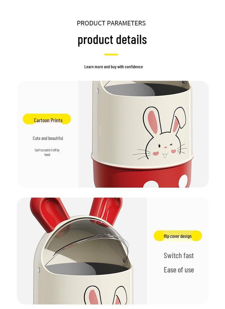 Adorable Rabbit Flip-Top Trash Can with Lid for Kids - Large Capacity for Home, Bedroom, or Bathroom.