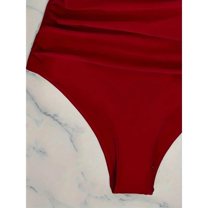 Solid Color Sexy Ruffle Sleeve Cutout One Piece Swimsuit Twist Front Bathing Suit