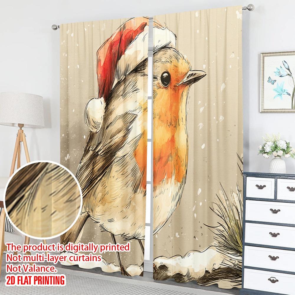 Flachdruck Weihnachtsfeier Vorhänge Rotkehlchen Schnee Digital Bedruckte Polyester Vorhänge Dekorationen Vorhang Set von 2 Stück Waschbar