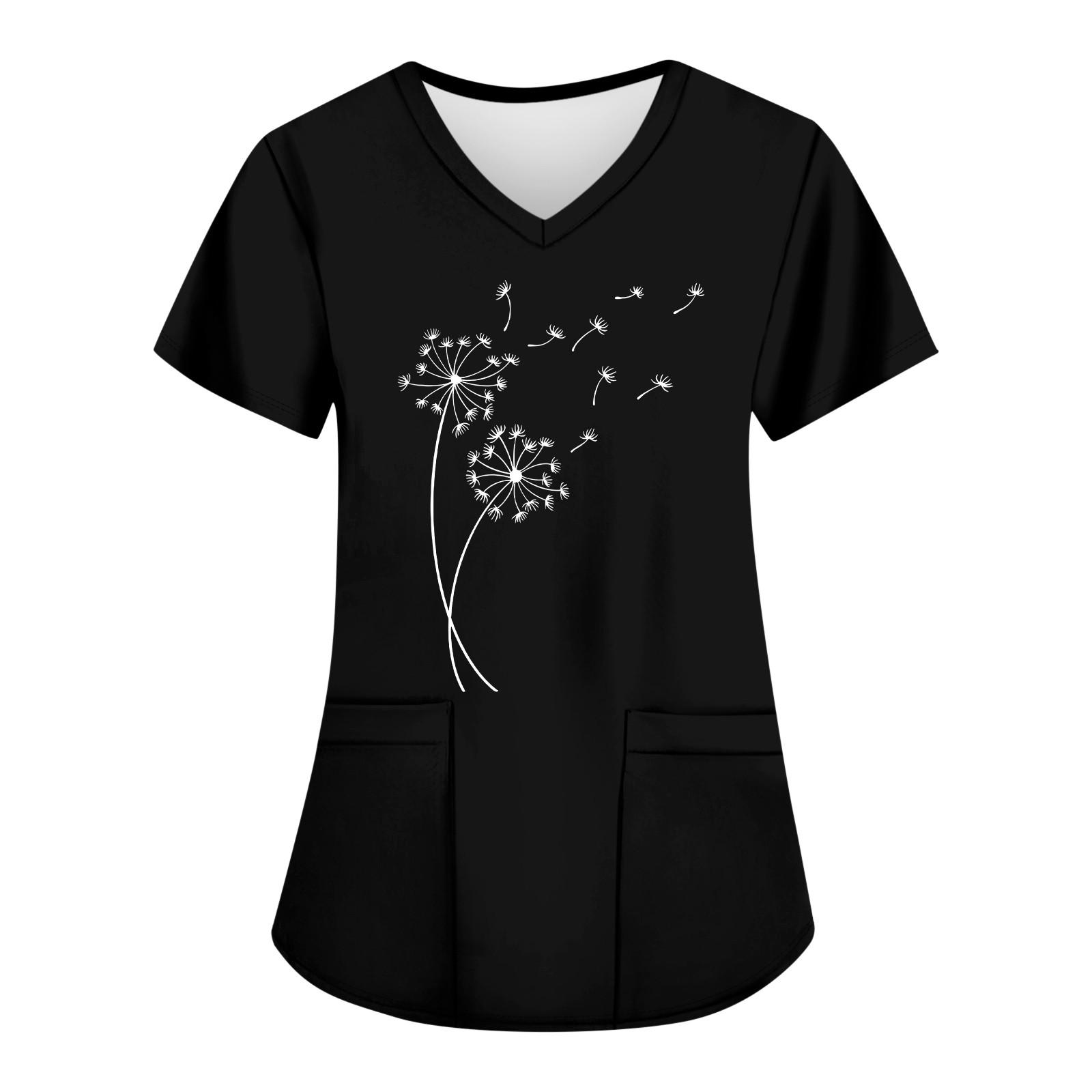 

Женские модные топы с короткими рукавами и V-образным вырезом с принтом, рабочие футболки с карманами M чёрный