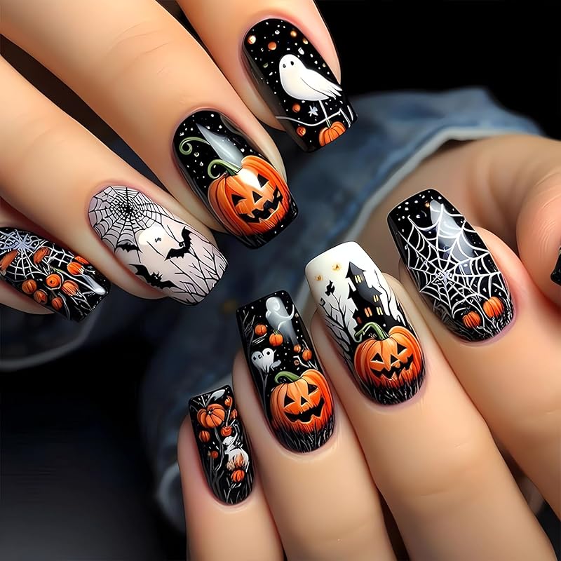 Halloween Press on Nails Medium Fake Nails Almond Shape Halloween False Nail Tips with Pumpkin Star Moon Designs Cute Stick on Nails Glossy Halloween