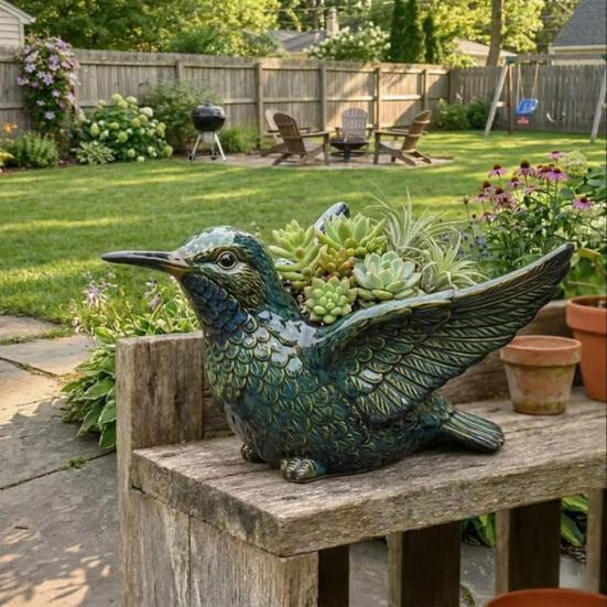 Bird Resin Planter Decorative Flower Pot for Home Garden Patio Weather-Resistant Miniature Plant Container for Small Plants Unique Gift for Bird