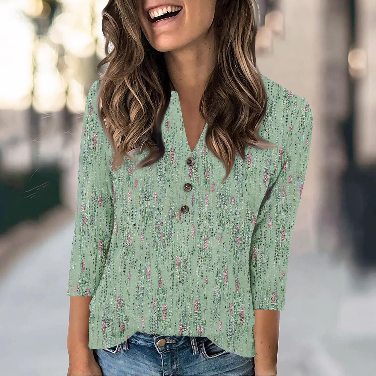 

Жіноча модна повсякденна футболка з вінтажним квітковим принтом і V-подібним вирізом з рукавами 3/4 і ґудзиками XL кавун червоний колір