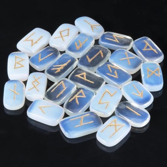 Crocon Opalite Rectangle Rune Set | 25pcs | Elder Futhark Alphabet Engraved | With Pouch | 20-25mm