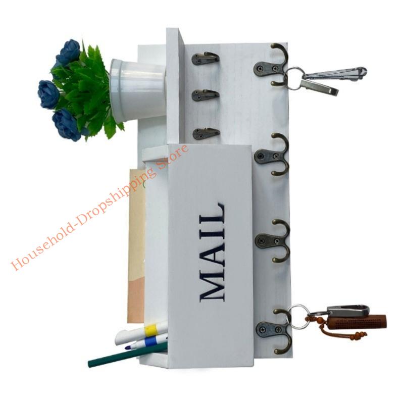 Wooden Wall Mailbox And Holder With Hooks Wall Mounted Letter Container 85AD