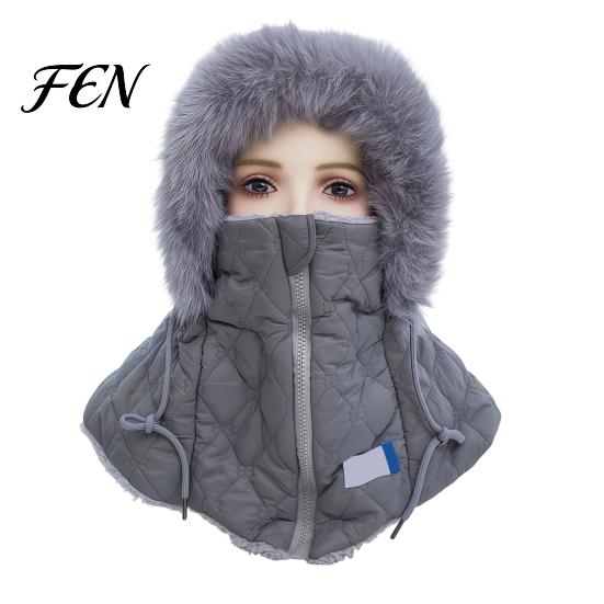 Adjustable Outdoor Riding Headgear Women Winter Balaclava Hat, Quilted Face Mask Hood Zipper Closure, Fuzzy Trim, Windproof Ski Cap with Fleece Lined,