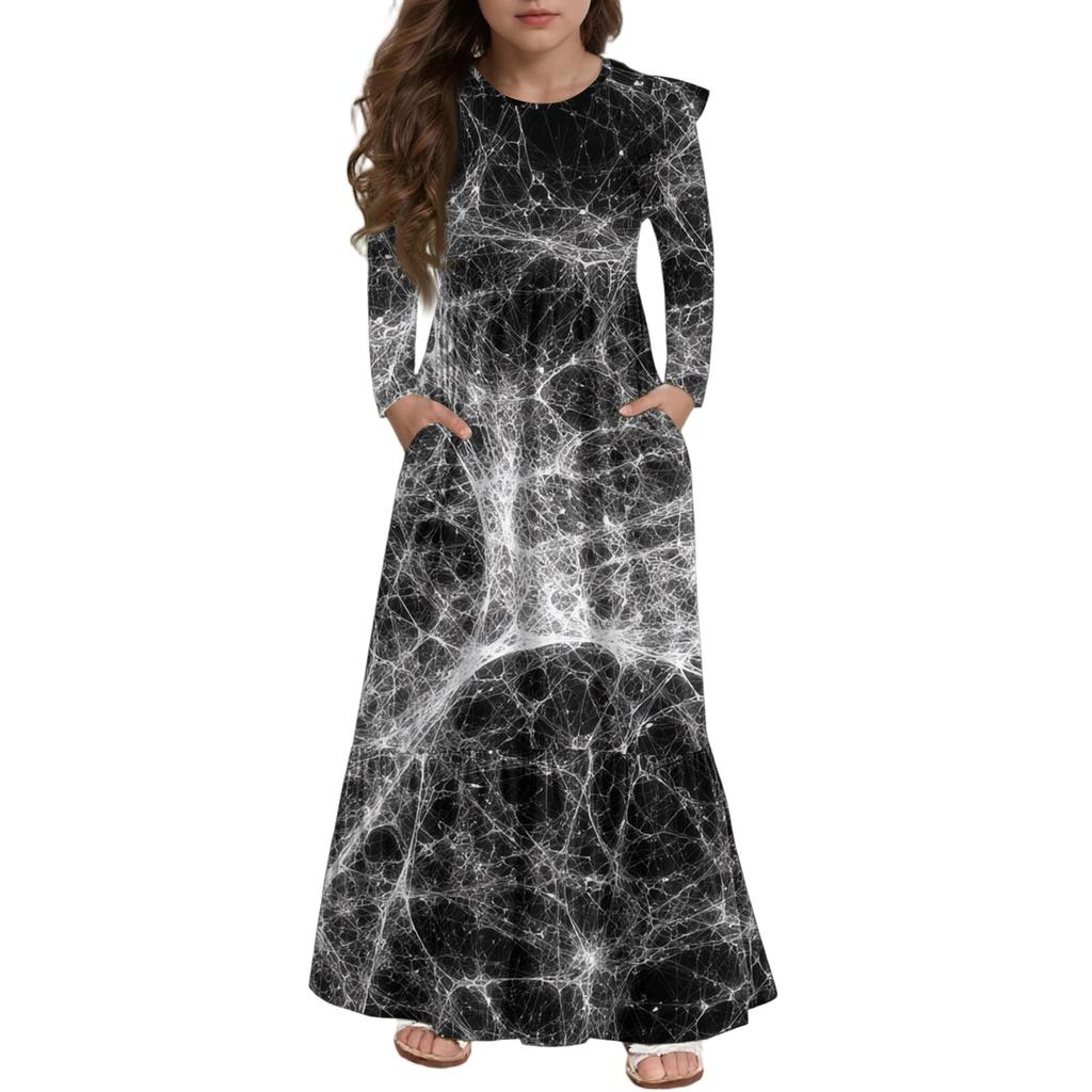 Robe à volants étagés pour filles Jour d'Halloween - Maxi imprimée à manches longues avec poches