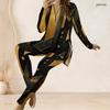 Women Plus Size Printed Light Purple Half Zip Long Sleeve Longline Top Fitted Pants Two Piece Set