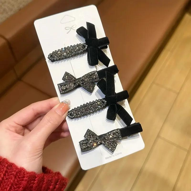 2Pcs Sweet Bow Rhinestone Hair Clips Girls Kawaii Cute Headwear Velvet Bowknot Duckbill Clips Kids Sided Clips Bangs Hairpin