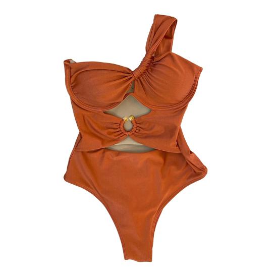Women One-Piece Swimsuit One Shoulder Padded Steel Support Metal Buckles Monokini Sexy S-Shaped Figure