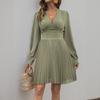 New Autumn Retro Style V-neck Long Sleeve Solid Color Pleated Temperament Women's Dress
