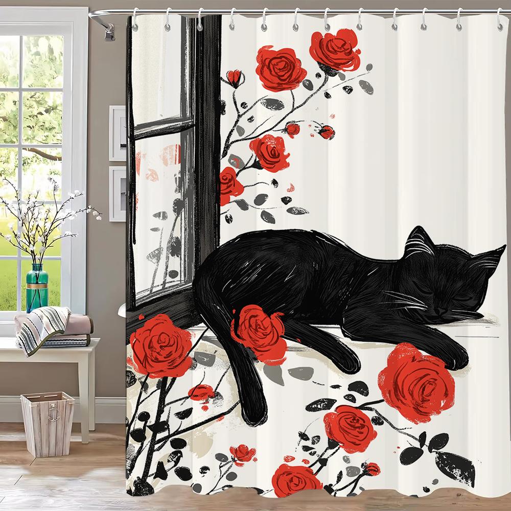 Moderner Duschvorhang mit roten Rosen und schwarzer Katze, Dekorativer Badezimmer-Vorhang aus Polyester mit Blumendruck, Heimvorhang mit Haken