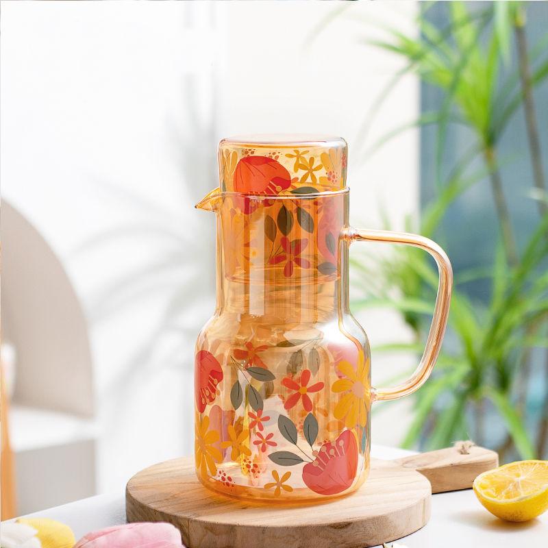 

Large-capacity Glass Floral Cold Kettle Kitchen Lemon Beverage Juice Milk Drink Bottle High Temperature Resistance Home Tea Pot