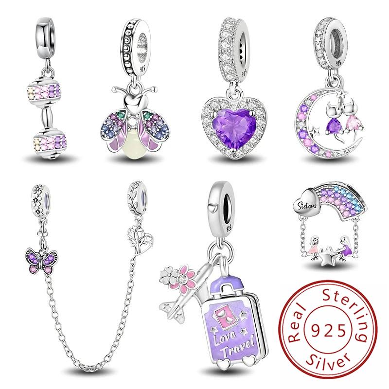 Copper Love Heart Flower Purple Series Safety Chain Charm Beads Fit Original Pan Bracelets Bangles Jewelry Gift