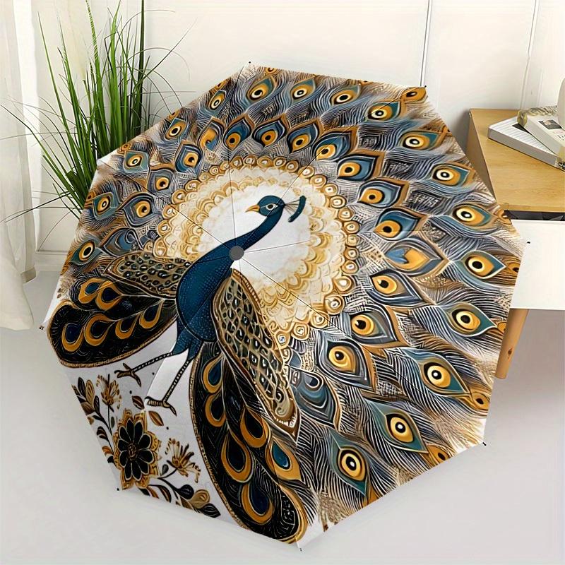 1pc Peacock Feather Mandala Automatic Open/close Folding Umbrella, Compact Portable Travel Umbrella, Perfect Birthday/Christmas, Cute Umbrel