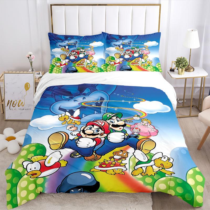 3pcs Mario Bros Characters Print Bedding Set (1 Cover + 2 Pillowcases, Without Inserts), This Printed Bedding Set is Soft and Comfortable, S
