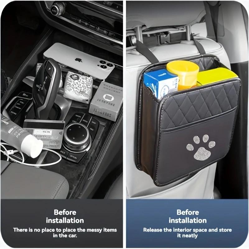 Car Storage Bag With Diamond Studded Dog Paw Butterfly, Car Seat Back Storage Bag, Hanging Bag, Multifunctional Storage Box