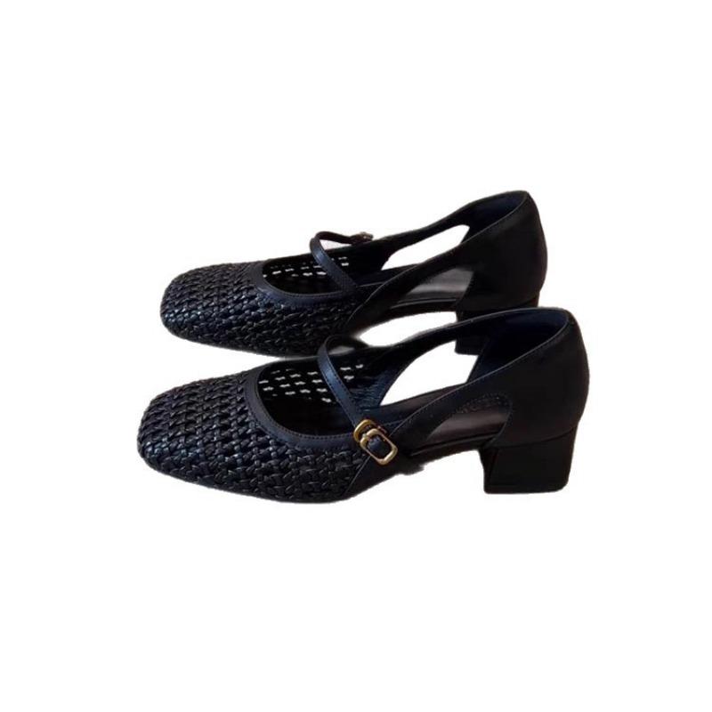 New Versatile Thick-heeled Sandals Women's Woven Hollow One-word with Square Head Imitation Leather Versatile Fashion Sandals