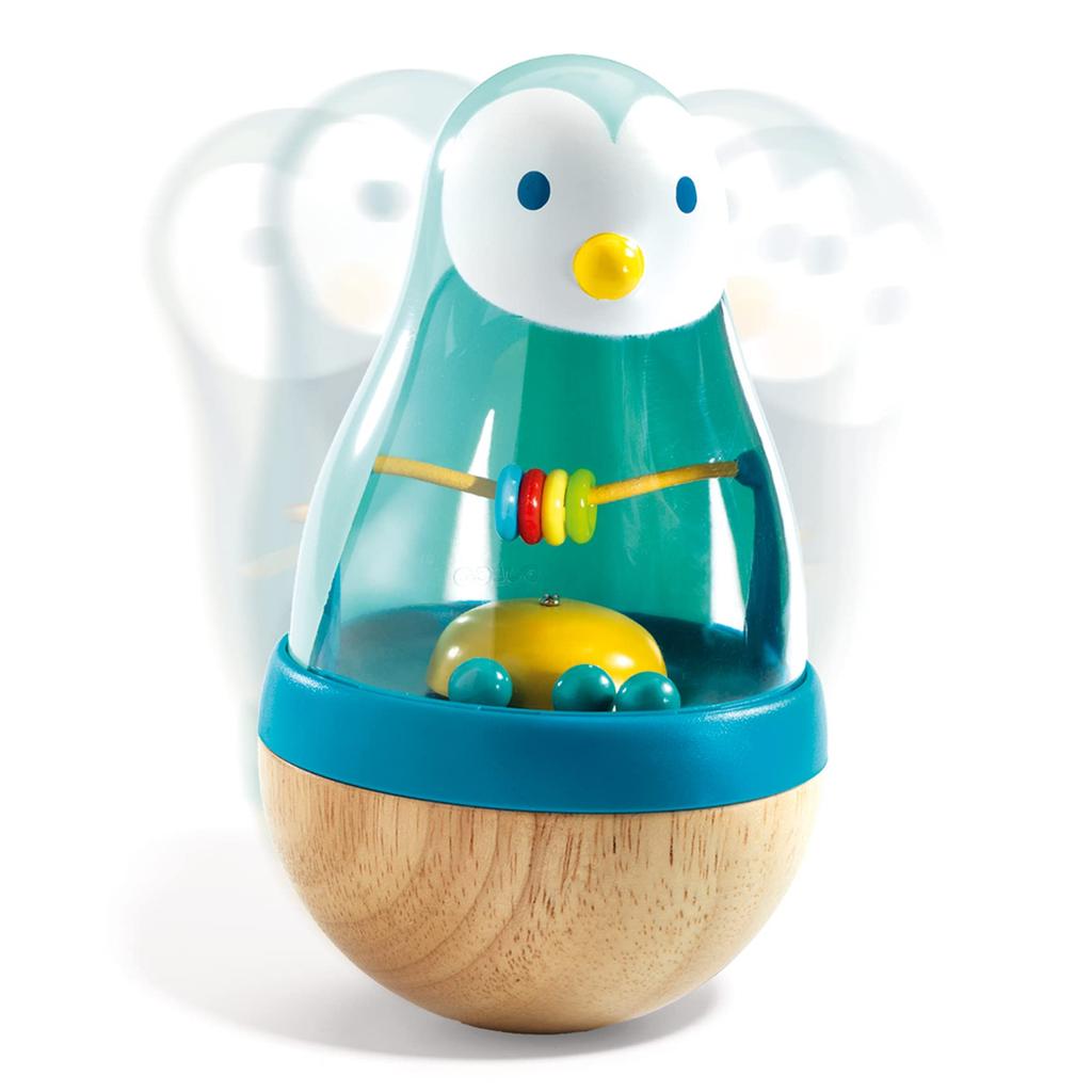 DJECO Roly Pingy Roly-Up Baby Rattle, Educational Toy with a Rocking, Healing Penguin Design, Montessori Design for Ages 0, 10 Months, 18 Months, and
