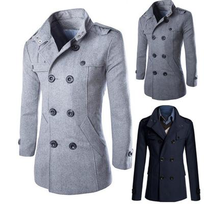Stylish Men Winter Stand Collar Long Sleeve Double-breasted Woolen Trench Coat