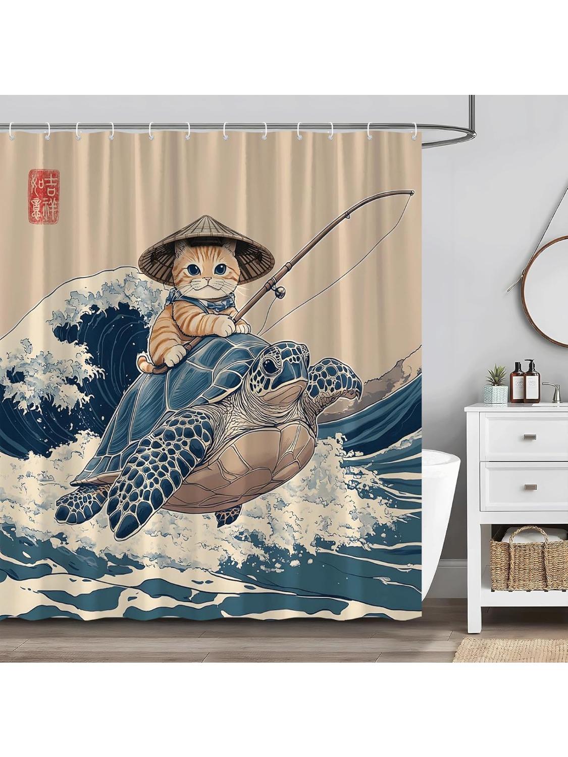 

Japanese Cat Shower Curtain Cute Cat Riding Turtle Vintage Blue Ocean Waves Asian Abstract Sea Animal Funny Bathroom Curtains W60H190(CM)-1 Pcs