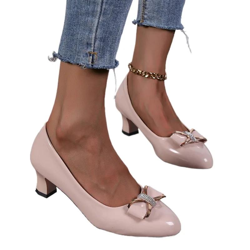 Women's Shoes 2024 Plus Size Slip on Women's Pumps Retro Office Pumps Women Crystal Bow Tie Pointed Toe Med Heel Female Shoes