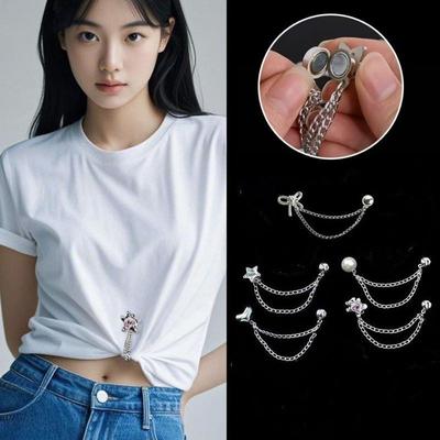 With Chain Magnetic Button Clips Silver Alloy Non-hole Waist Buckle Shorten Trouser Clip