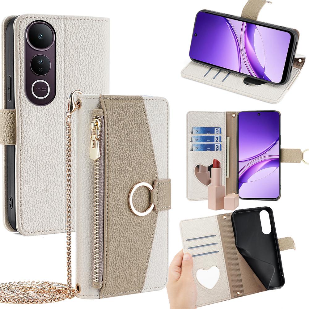 For vivo V50 Lite 5G Case Mirror Wallet Leather Phone Cover with Chain Shoulder Strap