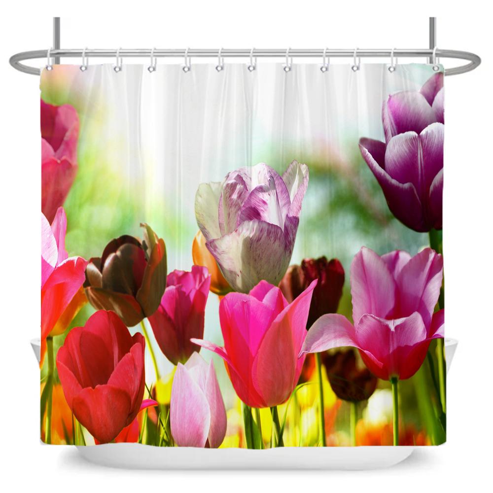 Natural Flowers Butterfly Shower Curtain Morden Art Floral Girl Waterproof Fabric Bathroom Curtain Room Decor Curtain With Hooks