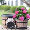 Large Plastic Flowerpot for Plants Rustic Barrel Style Plant Pots with Built-In Drainage Holes 8" Brown Plastic-Inspired Wood Finish Planter