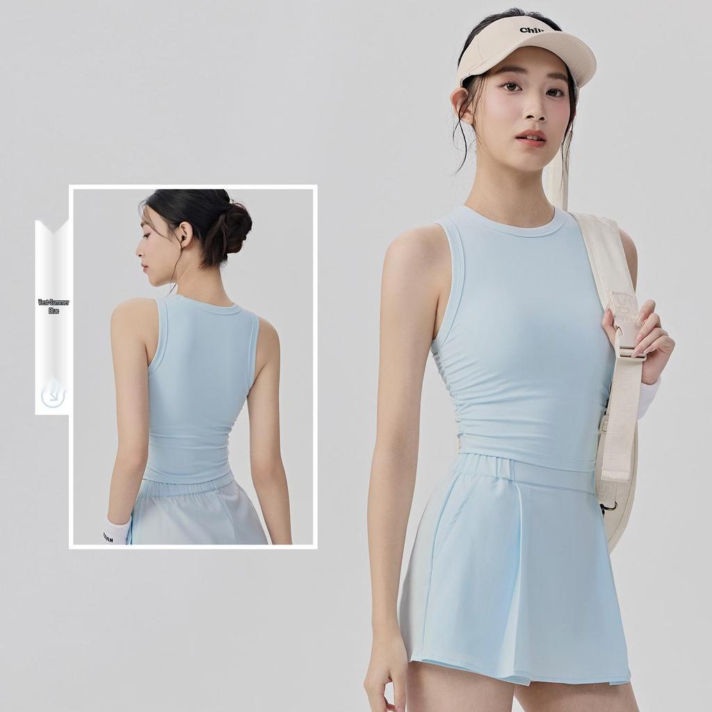 Women's Sportswear Set: Padded Bust Yoga Vest & Loose Casual Anti-exposure Skirt Shorts with Pleated Waistband and Belt