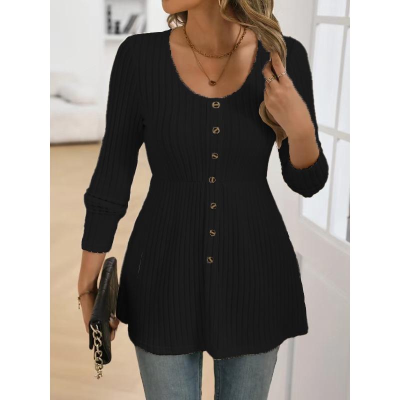 Women S Plus Size Solid Long Sleeve Round Neck Top With Button Decoration