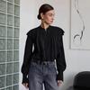 Women Elegant Ruffle Loose Solid Black Chiffon Long Sleeve Blouse