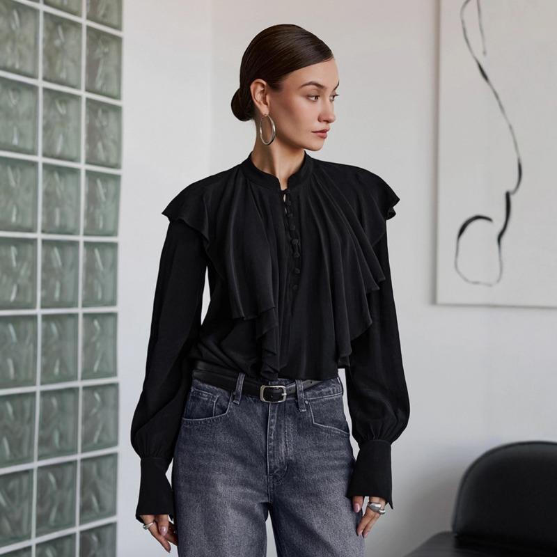 Women Elegant Ruffle Loose Solid Black Chiffon Long Sleeve Blouse