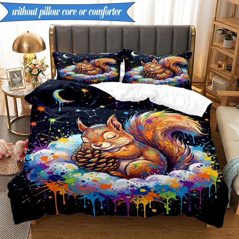 3-teiliges Bettwäsche-Set ' Eichhörnchenträume im Mondlicht', Enthält 1 Bettbezug und 2 Kissenbezüge, Perfekt für Schlafzimmer, Wohnheim, Weihnachtsgeschenk für Fans