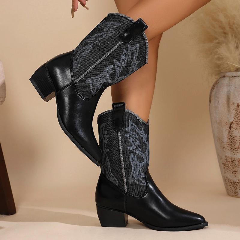 2025Nuovo Stile Stivali Western da Cowboy da Donna Slip-on Tacco Spesso Stivaletti Lunghi da Cavaliere Stile Retrò Scarpe Femminili Autunno Inverno