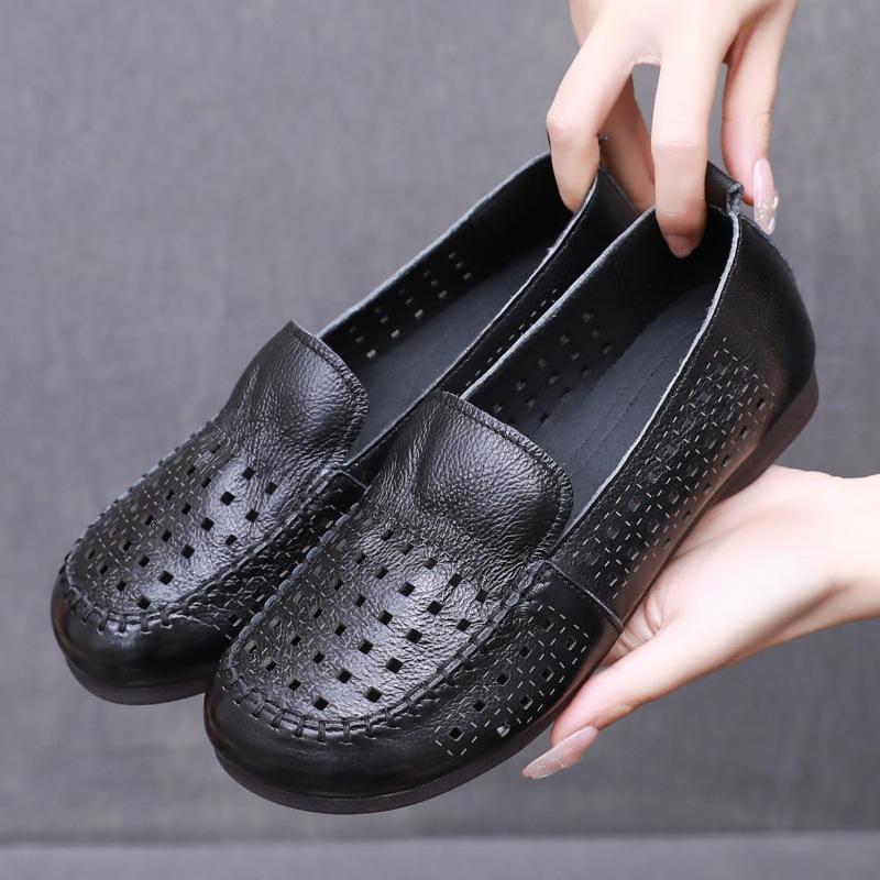GKTINOO Summer Hollow Genuine Leather Shoes New Women Shoes Woman For Mom Women's Flats Comfortable Handmade Loafers