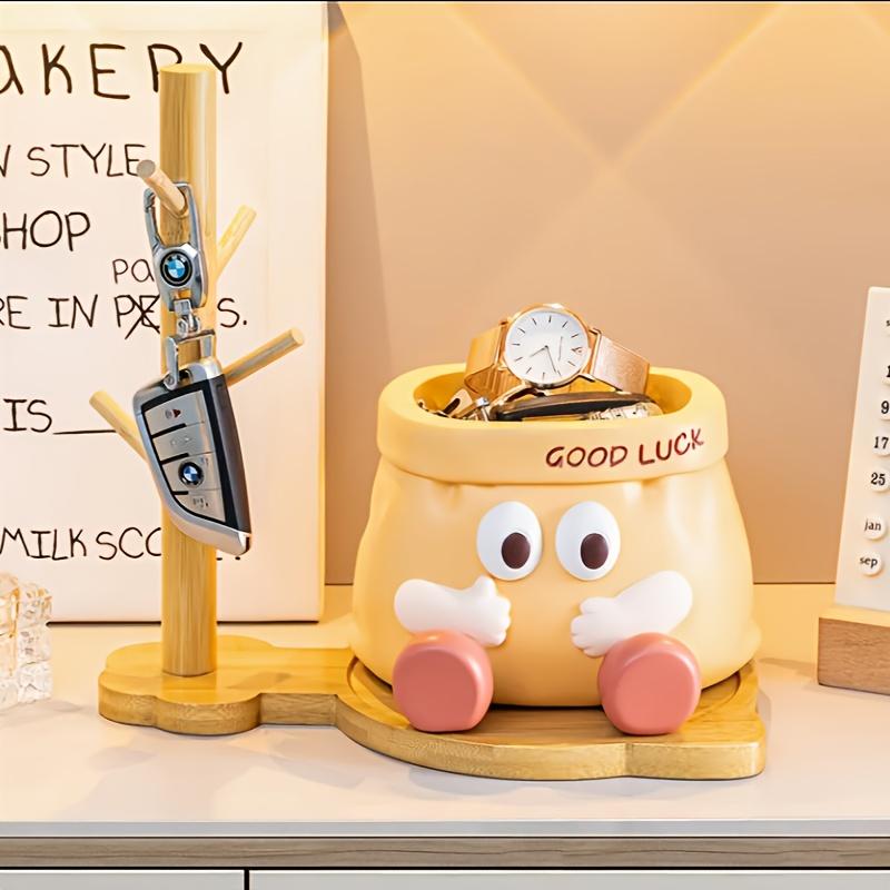 Good Luck  Resin Desk Organizer with Cute Face ,Multi-Compartment Pencil Holder, Scissors ,Eyeglasses Storage, Vibrant Yellow with Red Accents
