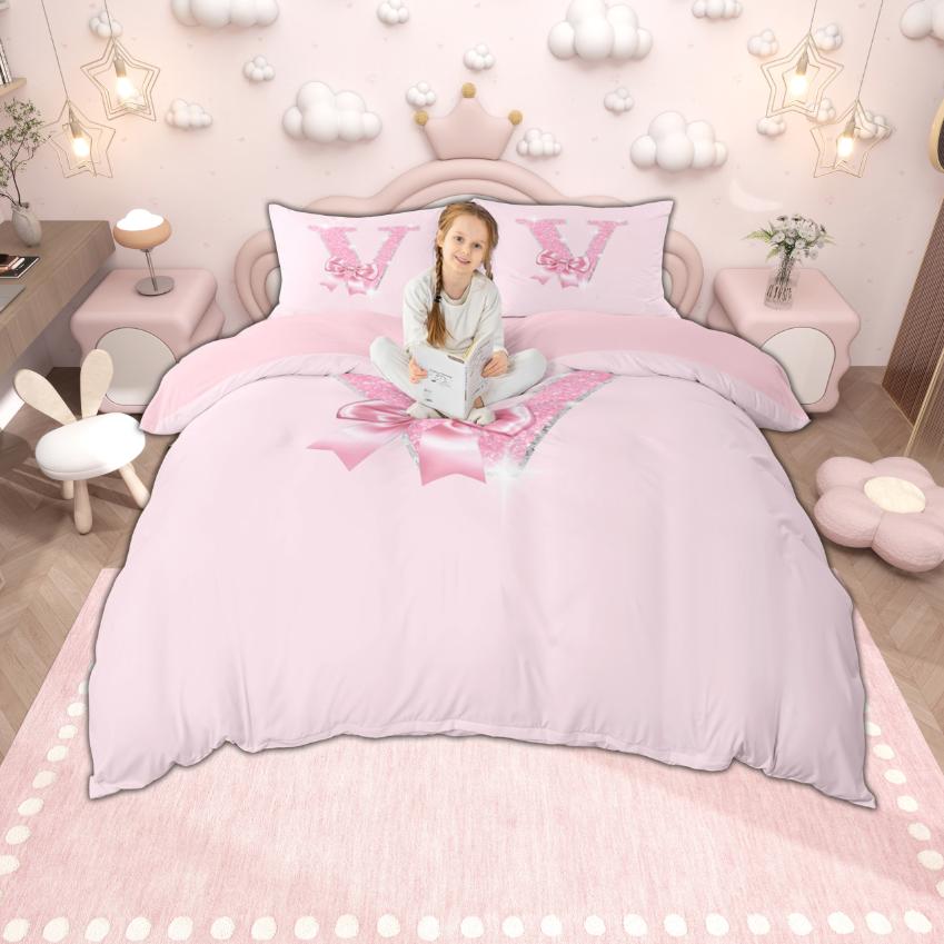 Homewish Personalized Initial Letter O to Z Duvet Cover Set, Dreamy Pink Bow Knot Bedding for Girls, Glitter Print Decor