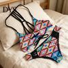 Low Waisted Bikini Women Set Sexy Swimsuit Waist Hollow Side Colorful Printed Bottoms Swimwear Adjustable Halter Top Lace-Up Front Beachwear