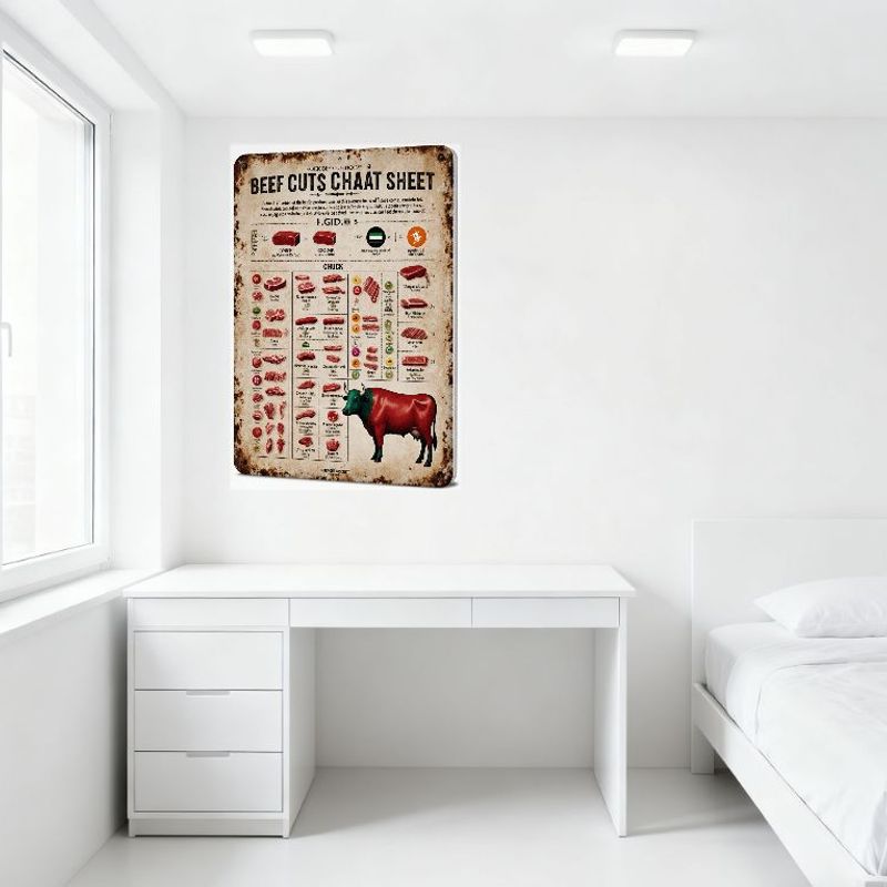 Cartello in Latta Vintage con Tagli di Manzo Chaat, Poster Rustico Vecchio Stile con Tagli di Manzo per Arredamento Casa Man Cave Bar
