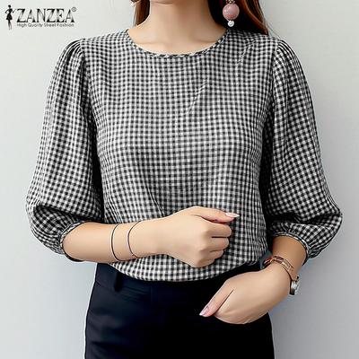 Damen Casual Rundhals 3/4-Ärmel Lockere Bluse mit Karomuster