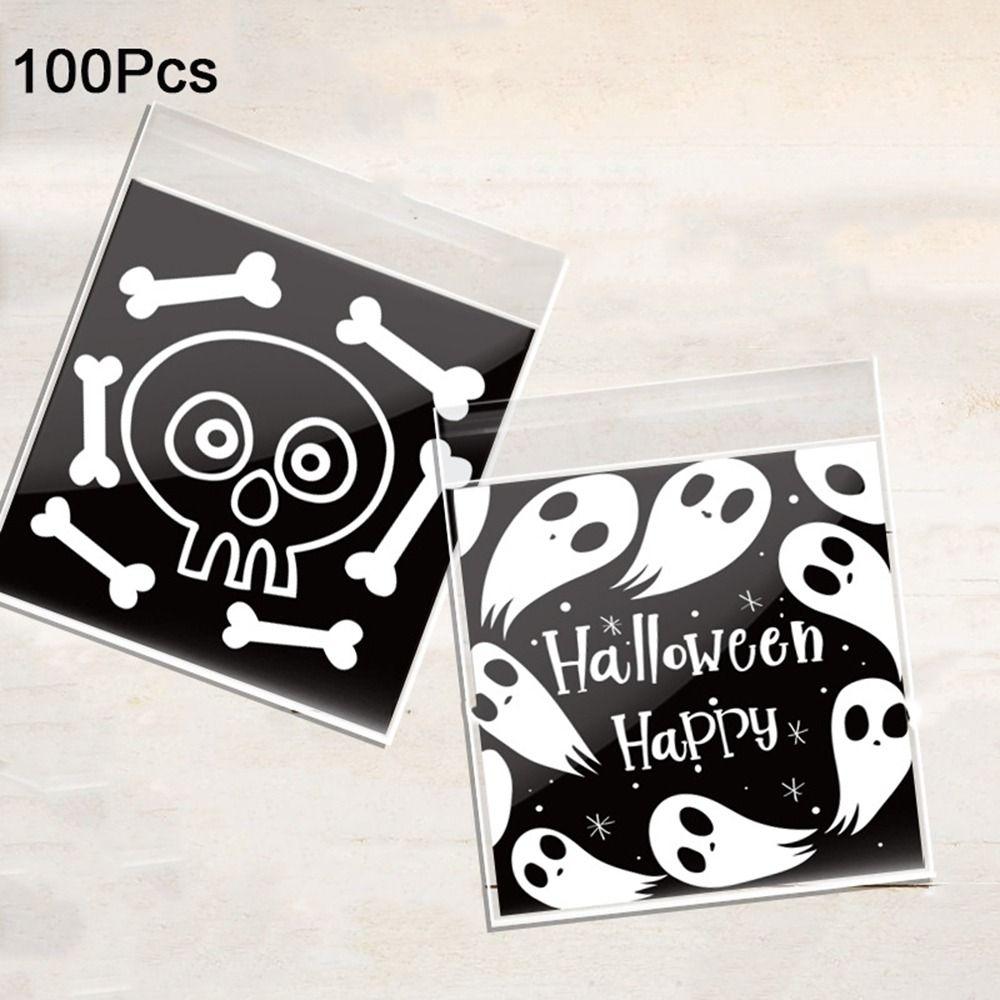 100Pcs Self-adhesive Trick or Treat Bags Plastic Candy Cookie Bags Halloween Candy Bags  Party